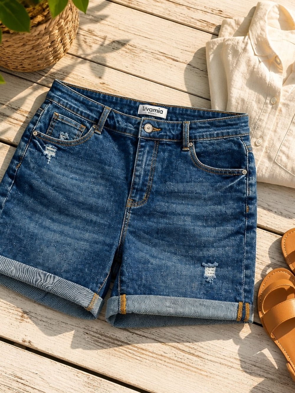 Luvamia Women's Dark Blue Denim Roll-Cuff Shorts